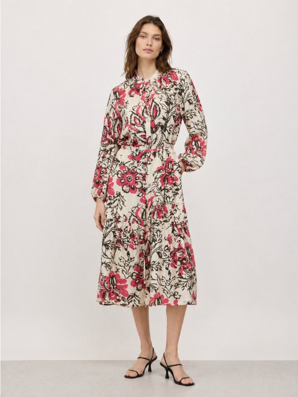 Apiece Apart 100% Silk Floral Midi Dress Size 6 Long Sleeve Belted Feminine